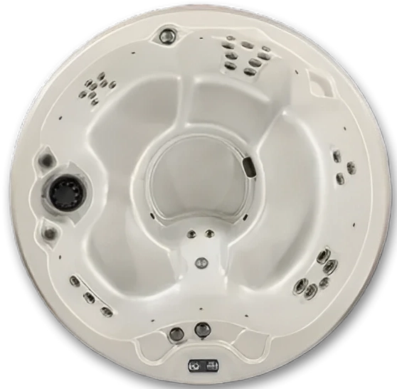 Here's an alt tag for the image: Round hot tub, top view.