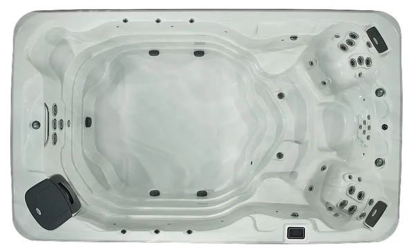 Aerial view of a white swim spa.