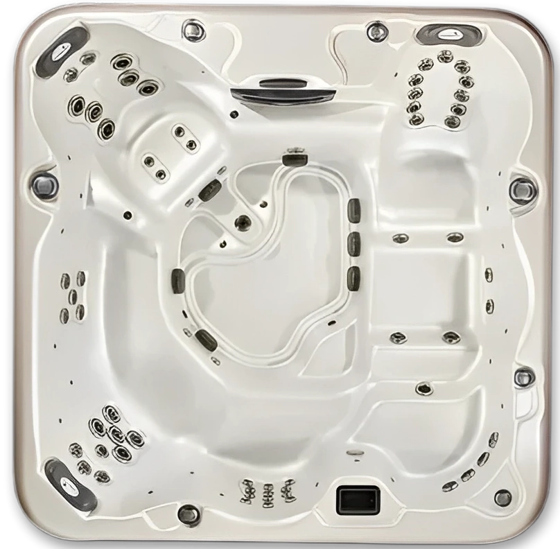 Here's an alt tag for the image: `Luxury hot tub, overhead view`